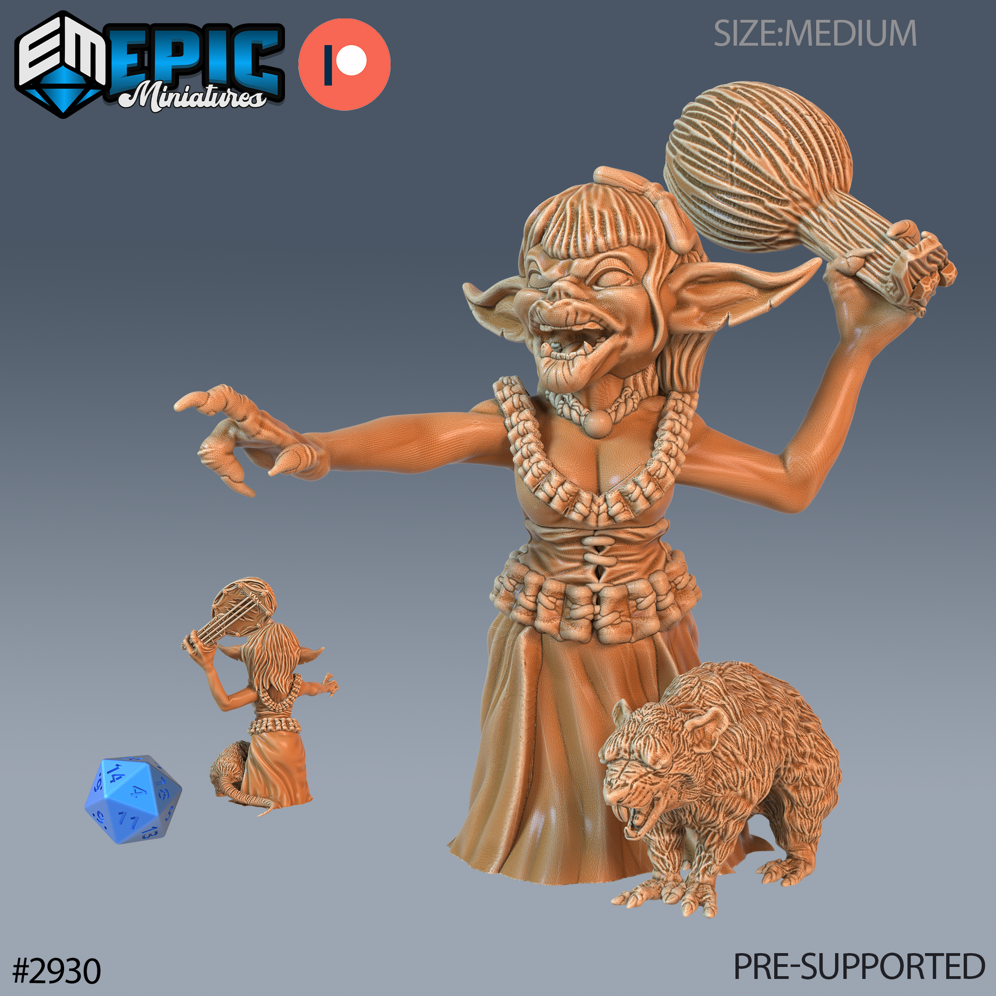 Digital render of an unpainted resin Goblin Diva miniature at 32mm scale — a female goblin in tribal wrappings and shell-bead necklaces, swinging a large woven gourd club overhead with one clawed hand outstretched, teeth bared in fury, with a bristling raccoon crouching at her feet and a smaller secondary sculpt showing the same character in a calmer pose holding an instrument, with a blue d20 for scale reference