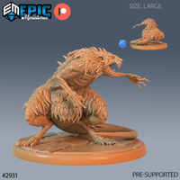 Digital render of an unpainted large Giant Rat miniature by Epic Miniatures, shown in orange resin. The beast is posed mid-lunge with jaws wide open, one clawed foreleg extended, haunches coiled, and spined hackles raised along its back. Mounted on an oval rocky base. A blue d20 die provides scale reference, and a secondary crouching angle is visible in the upper right corner.