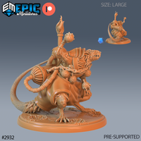 Digital render of an unpainted orange resin Giant Rat Pest Alchemist miniature by Epic Miniatures — a ratfolk alchemist in segmented armour riding a large armoured giant rat, holding a flaming torch aloft, with a coiled rope harness and satchel on the mount, crouched on a cracked stone base. A thumbnail rear-angle view and a blue d20 are visible in the upper right corner.