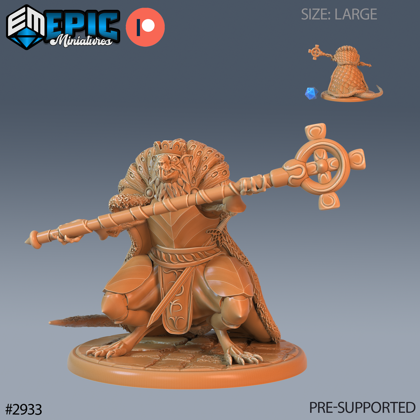 Digital render of the Giant Rat King resin miniature by Epic Miniatures — a Large-sized ratfolk sovereign crouched on a cobblestone base, wielding an ornate wheel-topped ceremonial staff, wearing layered leaf-and-scale armour with a dramatic feathered or scaled cloak fanning behind him. Shown in orange resin, pre-supported, with a small snail creature and blue gemstone inset visible in the upper right corner.