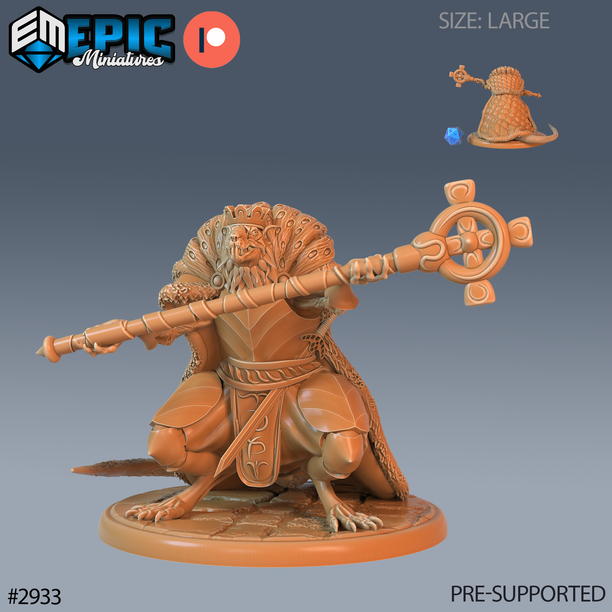 Digital render of the Giant Rat King resin miniature by Epic Miniatures — a Large-sized ratfolk sovereign crouched on a cobblestone base, wielding an ornate wheel-topped ceremonial staff, wearing layered leaf-and-scale armour with a dramatic feathered or scaled cloak fanning behind him. Shown in orange resin, pre-supported, with a small snail creature and blue gemstone inset visible in the upper right corner.