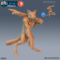 Digital render of an unpainted ratfolk rogue miniature in a dynamic leaping pose, thrusting a long spear forward with one arm while the other is drawn back in a fighting guard. The figure wears layered armour and cloth wrappings on the arms and legs, with detailed fur texture across the body, large ears, a whiskered muzzle, clawed feet, and a long trailing tail. A scale reference inset and blue d20 dice are visible in the top right corner. Epic Miniatures logo shown. Pre-supported, medium size, 32mm scale.