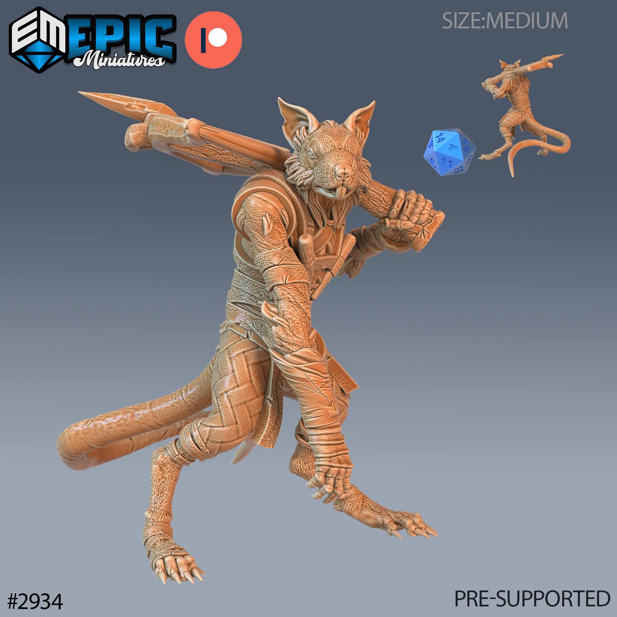 Digital render of an unpainted ratfolk rogue miniature in a dynamic leaping pose, thrusting a long spear forward with one arm while the other is drawn back in a fighting guard. The figure wears layered armour and cloth wrappings on the arms and legs, with detailed fur texture across the body, large ears, a whiskered muzzle, clawed feet, and a long trailing tail. A scale reference inset and blue d20 dice are visible in the top right corner. Epic Miniatures logo shown. Pre-supported, medium size, 32mm scale.