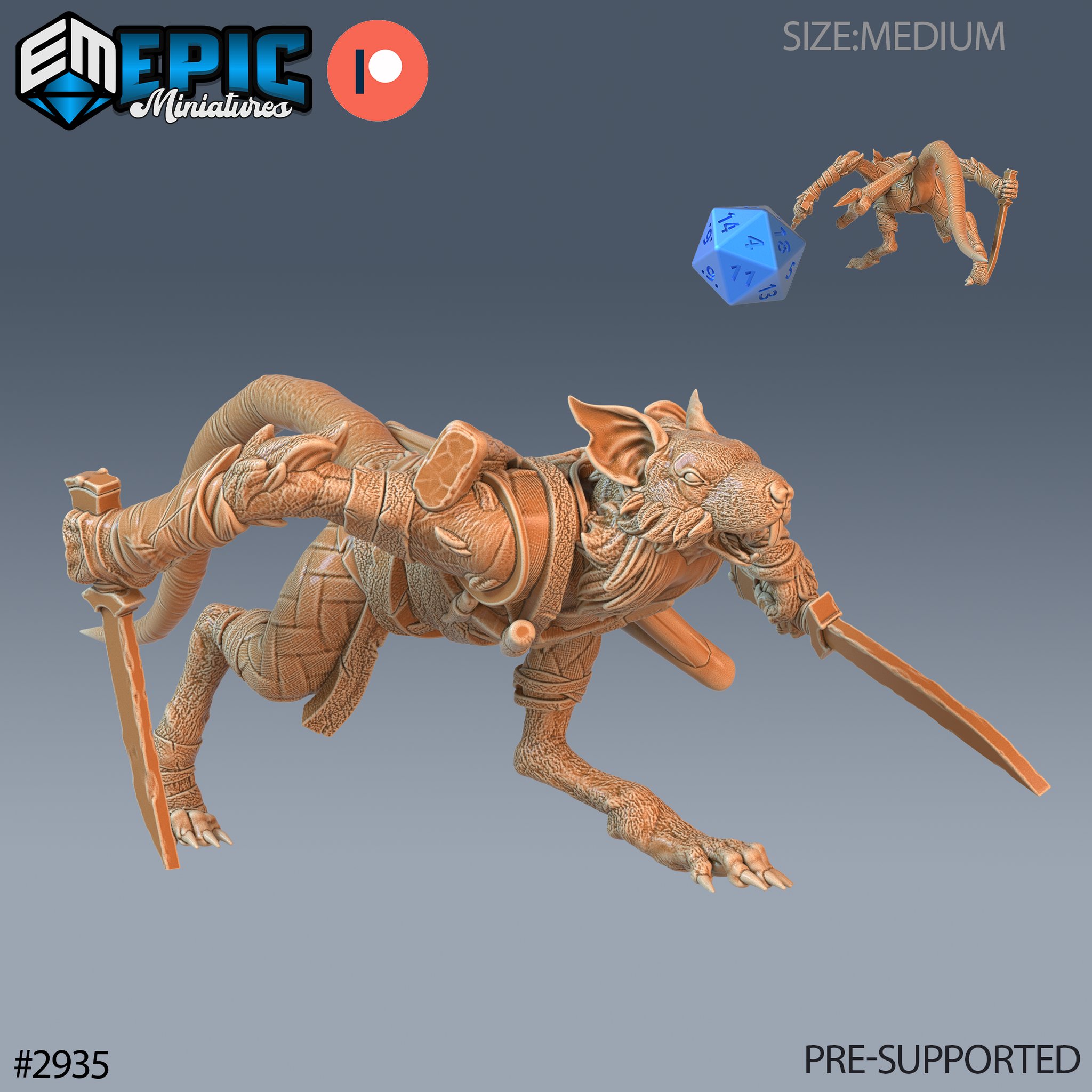 Digital render of an unpainted resin Rat Folk Rogue Attack miniature by Epic Miniatures, shown in a dynamic low-crouch attacking pose with two bladed weapons extended, detailed fur texture and leather armour straps, medium size, with a blue d20 scale reference and a secondary angle visible in the upper right corner