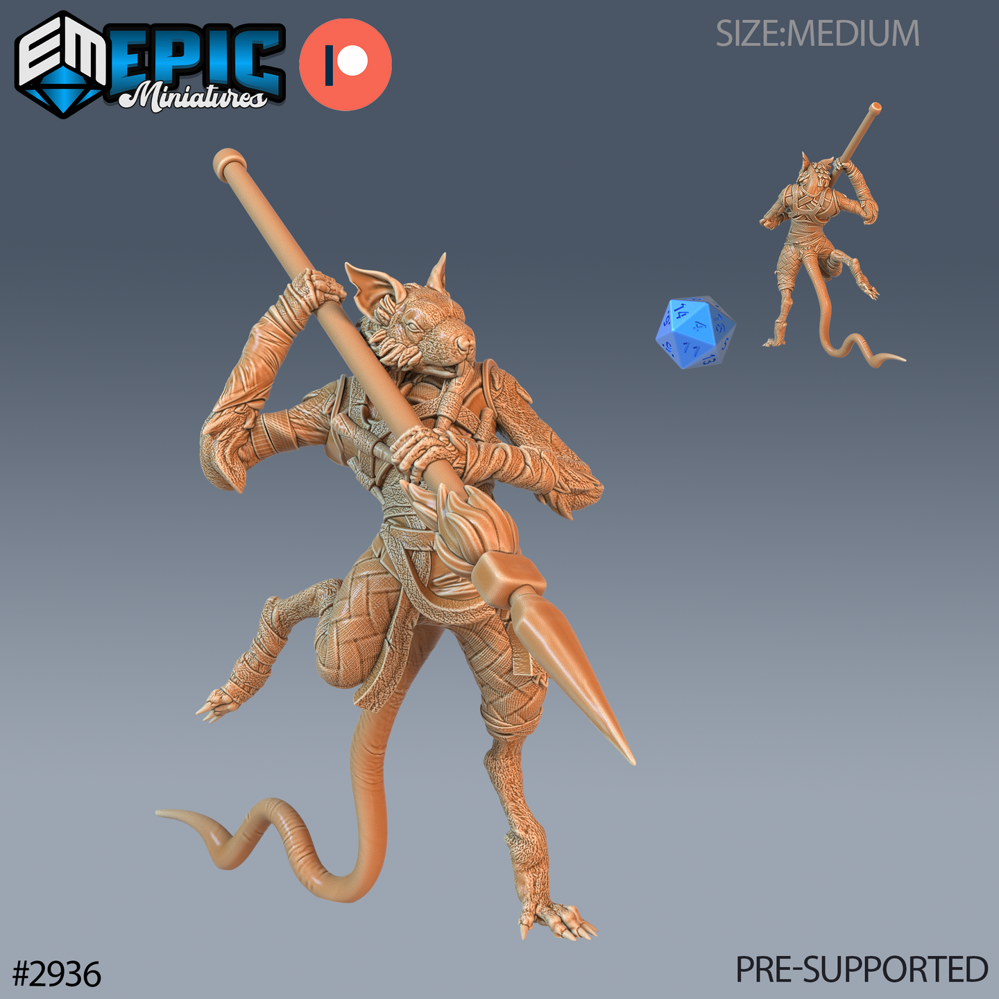 Digital render of two unpainted ratfolk rogue miniatures by Epic Miniatures — the larger pose shows a bipedal rat warrior gripping a long spear across the body in a low guard stance, wearing layered cloth-and-scale armour with wrapped limbs and a long tail; the smaller inset shows a second variant with the spear raised overhead in a lunging attack pose; a blue d20 die is shown for scale reference