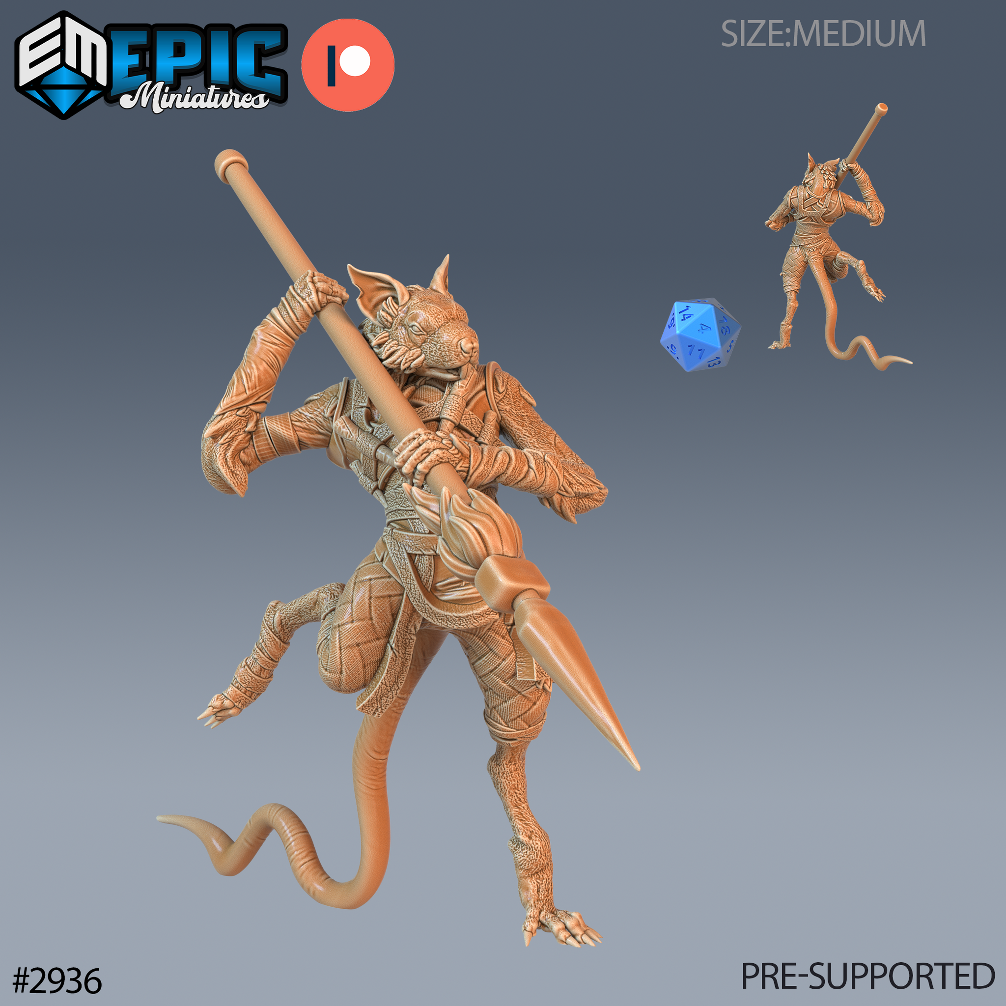 Digital render of two unpainted ratfolk rogue miniatures by Epic Miniatures — the larger pose shows a bipedal rat warrior gripping a long spear across the body in a low guard stance, wearing layered cloth-and-scale armour with wrapped limbs and a long tail; the smaller inset shows a second variant with the spear raised overhead in a lunging attack pose; a blue d20 die is shown for scale reference