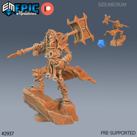Digital render of a half-goblin bandit miniature in 32mm scale, posed mid-stride on a rocky timber base, wielding a large serrated war axe in his right hand and a dagger in his left, wearing layered leather armour with a billowing tattered cloak. A small inset shows the full miniature with a d20 for scale reference. Pre-supported sculpt by Epic Miniatures.