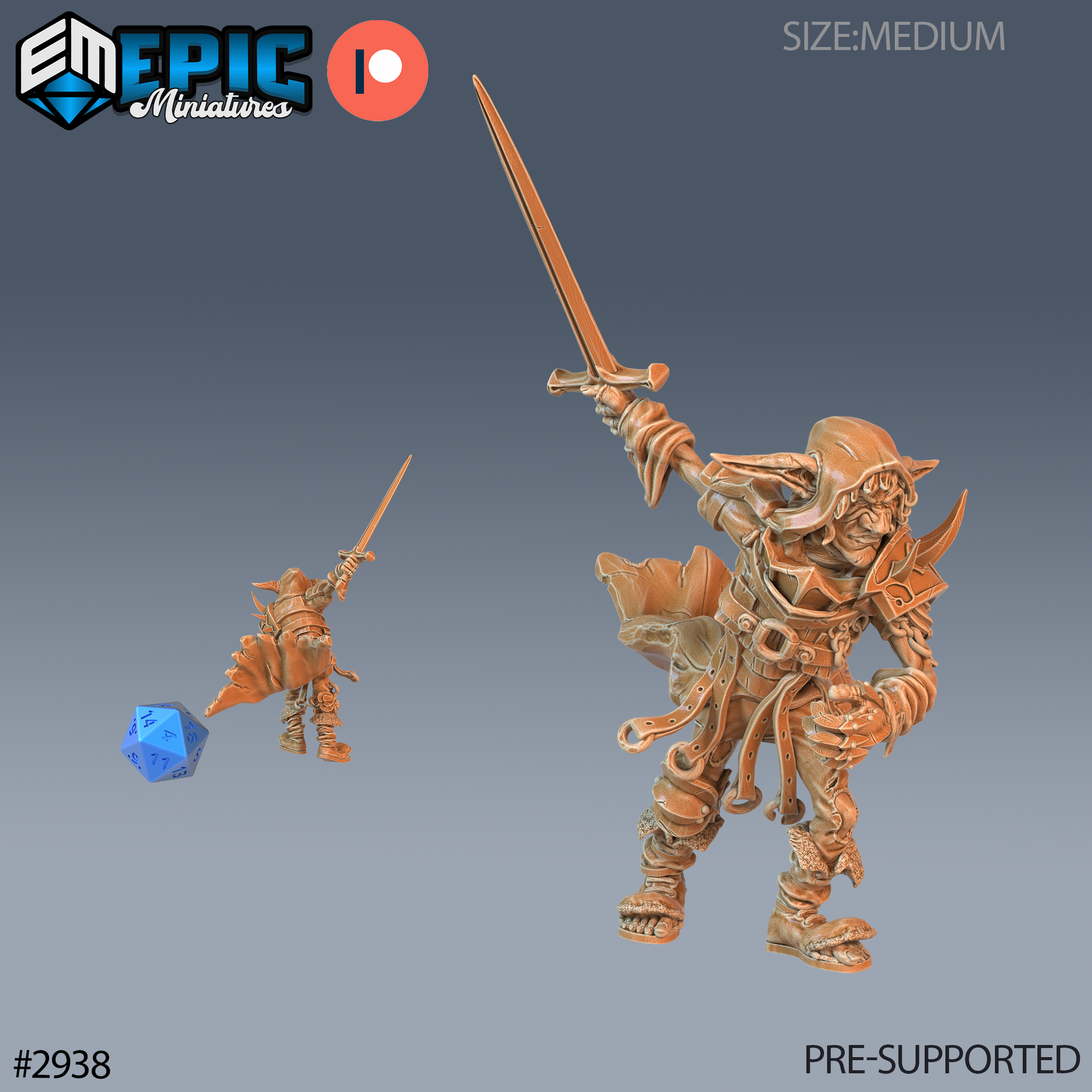 Digital render of a 32mm half-goblin bandit miniature by Epic Miniatures, shown in two sizes with a blue d20 for scale. The larger render shows the goblin in a low aggressive stance, sword raised overhead, wearing layered mismatched leather armour with belt straps and bare clawed feet. Smaller version confirms 32mm scale. Bronze resin colouring. Pre-supported sculpt labelled #2938.