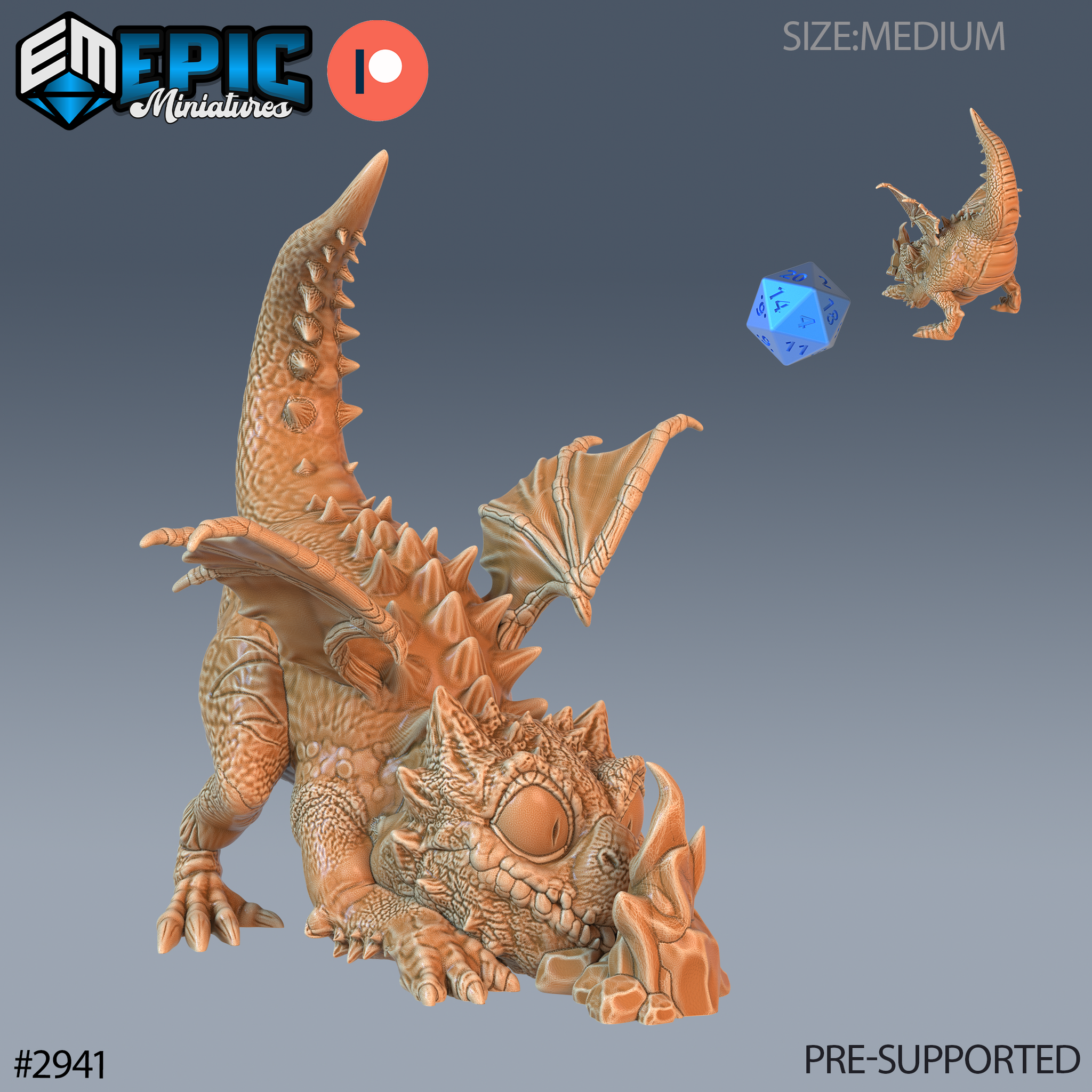 Digital render of an unpainted resin Baby Dragon miniature by Epic Miniatures, shown in a low exploratory pose with head tilted, wings half-raised, dorsal spines prominent, and a curious scowling expression — a d20 and small scale reference image visible in the background