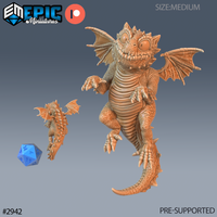 Digital render of a Baby Dragon Flying miniature by Epic Miniatures — a chubby hatchling dragon with wide eyes, open-winged pose, ridged belly scales, and a curling tail, shown alongside a smaller crouching hatchling variant and a d20 for scale, in unpainted amber resin tone