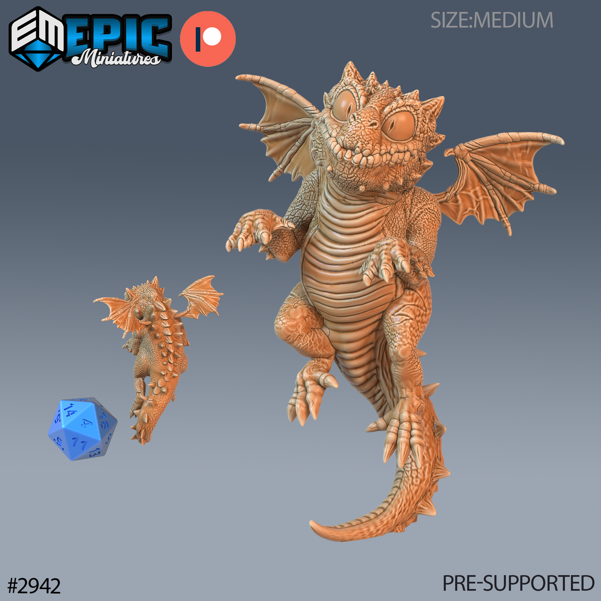 Digital render of a Baby Dragon Flying miniature by Epic Miniatures — a chubby hatchling dragon with wide eyes, open-winged pose, ridged belly scales, and a curling tail, shown alongside a smaller crouching hatchling variant and a d20 for scale, in unpainted amber resin tone