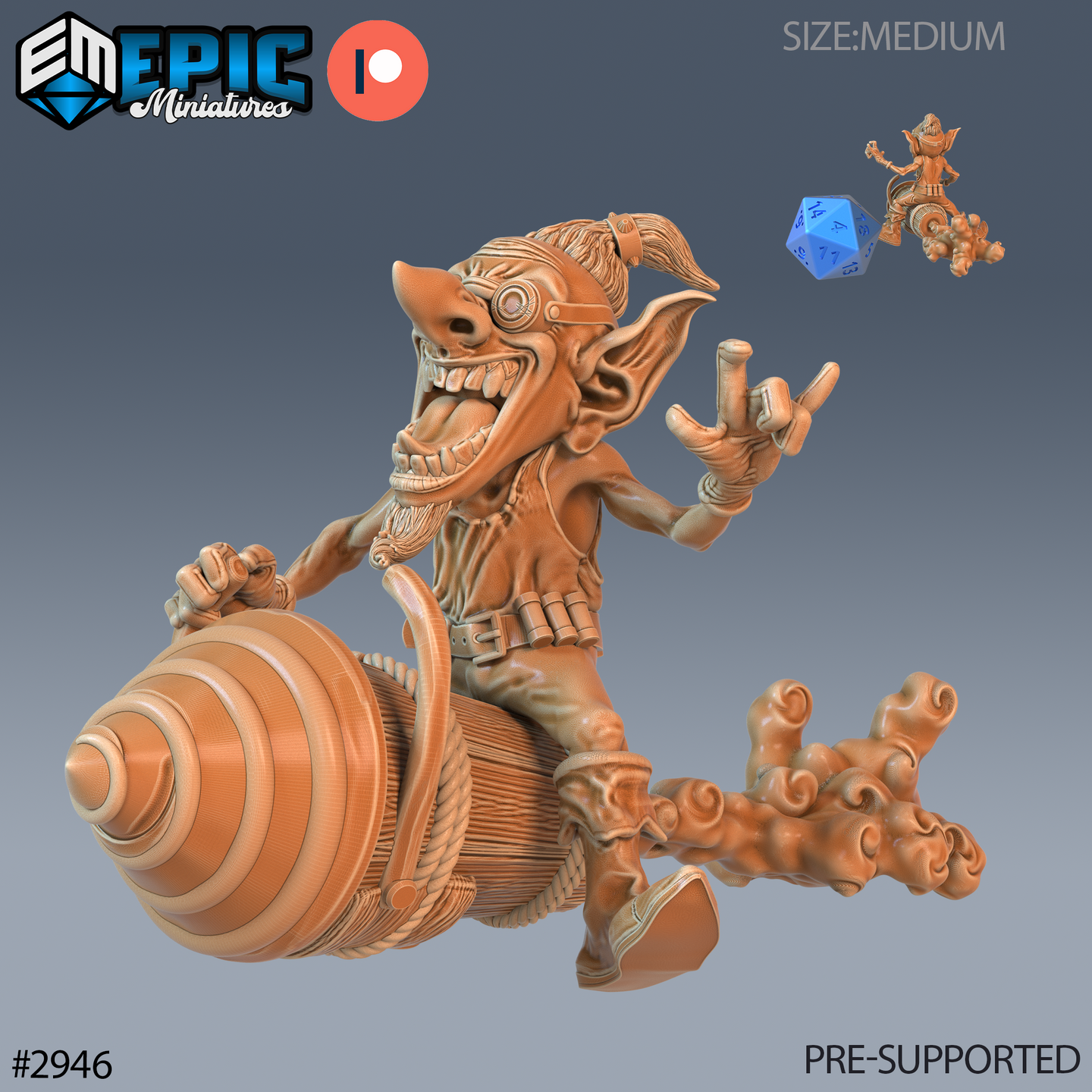 Rocket Goblin 32mm resin miniature by Epic Miniatures — goblin launching forward on a rocket, supplied unpainted, for D&D and tabletop RPGs