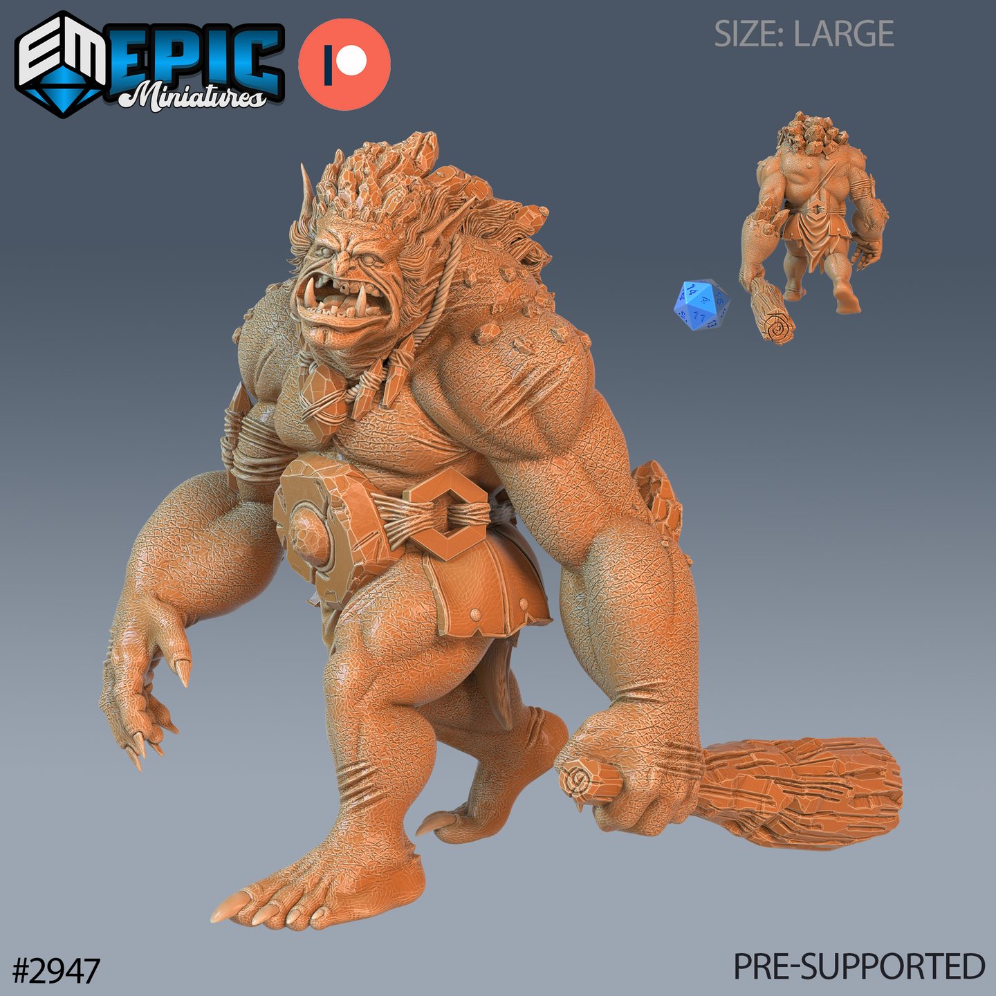 Digital render of the Stone Troll miniature by Epic Miniatures — a large-sized hunched troll with cracked stone-like hide, roaring open mouth with tusks, stone crown protrusions on the skull, holding a heavy wooden club in one hand, wearing a leather belt with an iron buckle, clawed hands, shown alongside a d20 for scale and a smaller rear-angle view