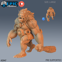 Digital render of the Stone Troll miniature by Epic Miniatures — a large-sized hunched troll with cracked stone-like hide, roaring open mouth with tusks, stone crown protrusions on the skull, holding a heavy wooden club in one hand, wearing a leather belt with an iron buckle, clawed hands, shown alongside a d20 for scale and a smaller rear-angle view