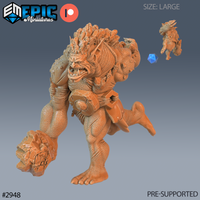 Digital render of an unpainted stone troll miniature in terracotta orange resin, large-scale sculpt mid-charge with one boulder-encrusted fist raised, jagged spine crown, segmented chest armour, open jaws roaring, with a d20 scale reference and small companion figure visible alongside