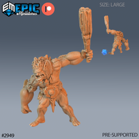 Digital render of a large-scale unpainted stone troll miniature by Epic Miniatures, posed mid-swing with a gnarled wooden club raised overhead, mouth open in a roar, wearing a crude skull-belted loincloth, with a scale reference showing a standard 32mm miniature beside it