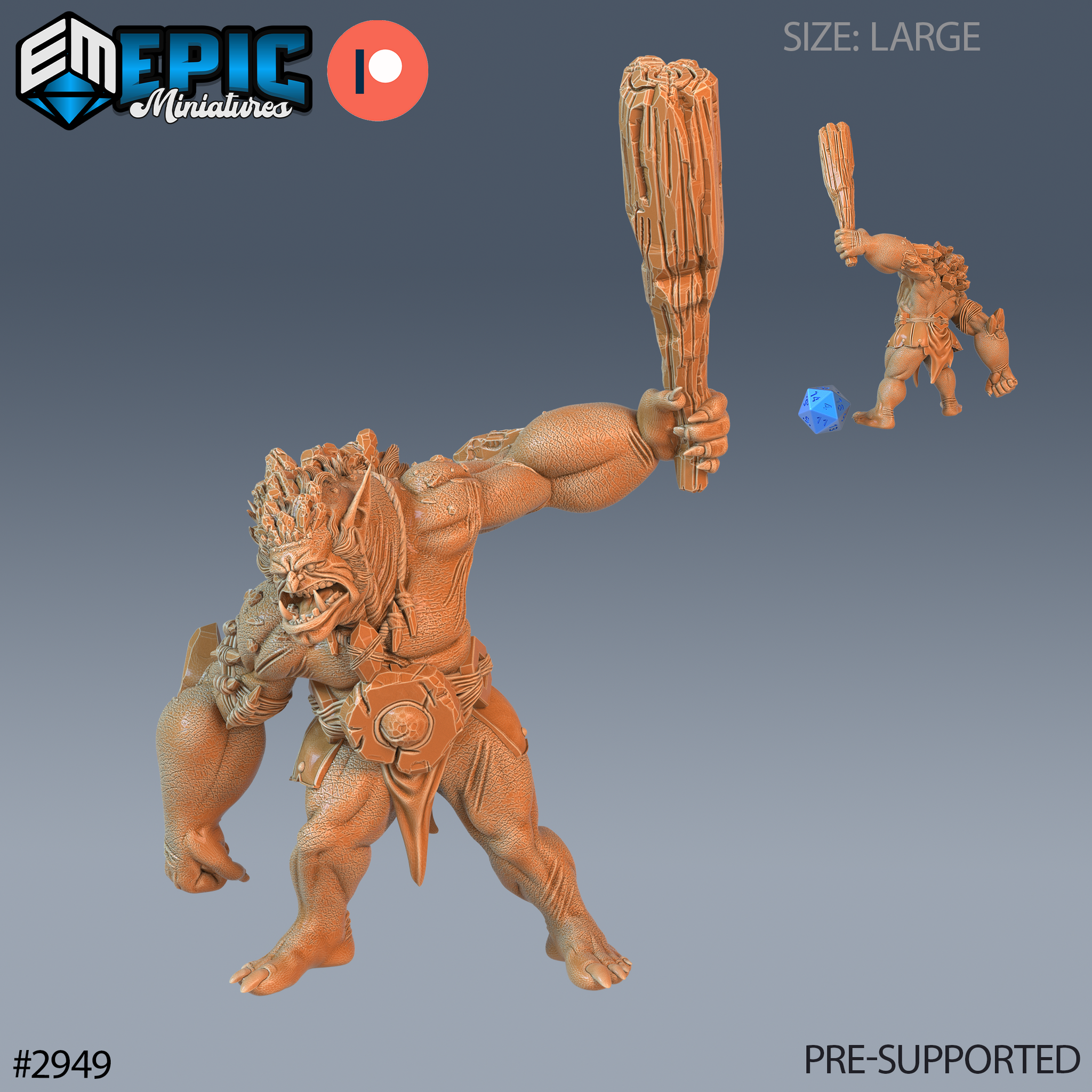 Digital render of a large-scale unpainted stone troll miniature by Epic Miniatures, posed mid-swing with a gnarled wooden club raised overhead, mouth open in a roar, wearing a crude skull-belted loincloth, with a scale reference showing a standard 32mm miniature beside it