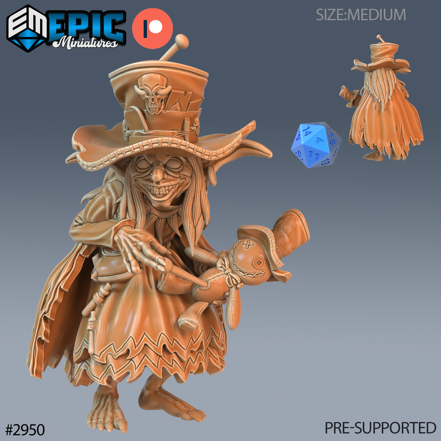 Digital render of an unpainted resin Voodoo Goblin miniature at 32mm scale — a cackling female goblin witch crouching forward in tattered zigzag-hem robes, wearing an oversized top hat decorated with a carved skull and jutting pin, clutching a button-eyed straw voodoo doll in her skeletal hands; front and rear views shown alongside a blue d20 for scale