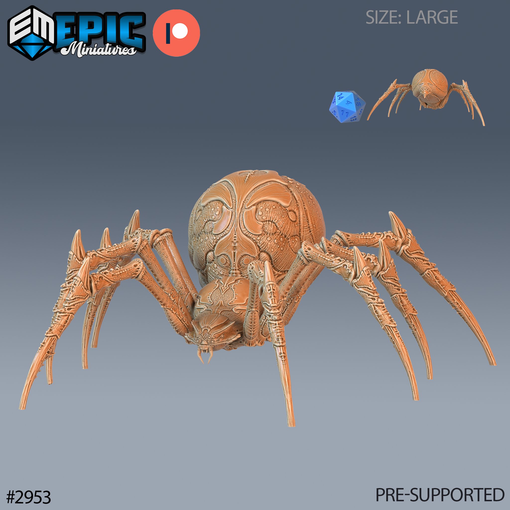 Digital render of a large giant dungeon spider miniature by Epic Miniatures, shown unpainted in terracotta resin tone. The spider has eight sharp blade-tipped legs splayed wide and a large, heavily patterned abdomen covered in raised organic sigil-like markings. A d20 die and small size-comparison render are visible in the upper right corner, illustrating the miniature's large scale. Pre-supported sculpt shown from a front three-quarter angle against a grey gradient background.
