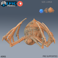 Digital render of a large unpainted resin Giant Dungeon Spider miniature in a dead pose, eight jointed legs splayed outward, detailed chitin carapace and segmented abdomen, shown with a d20 scale reference, from Epic Miniatures