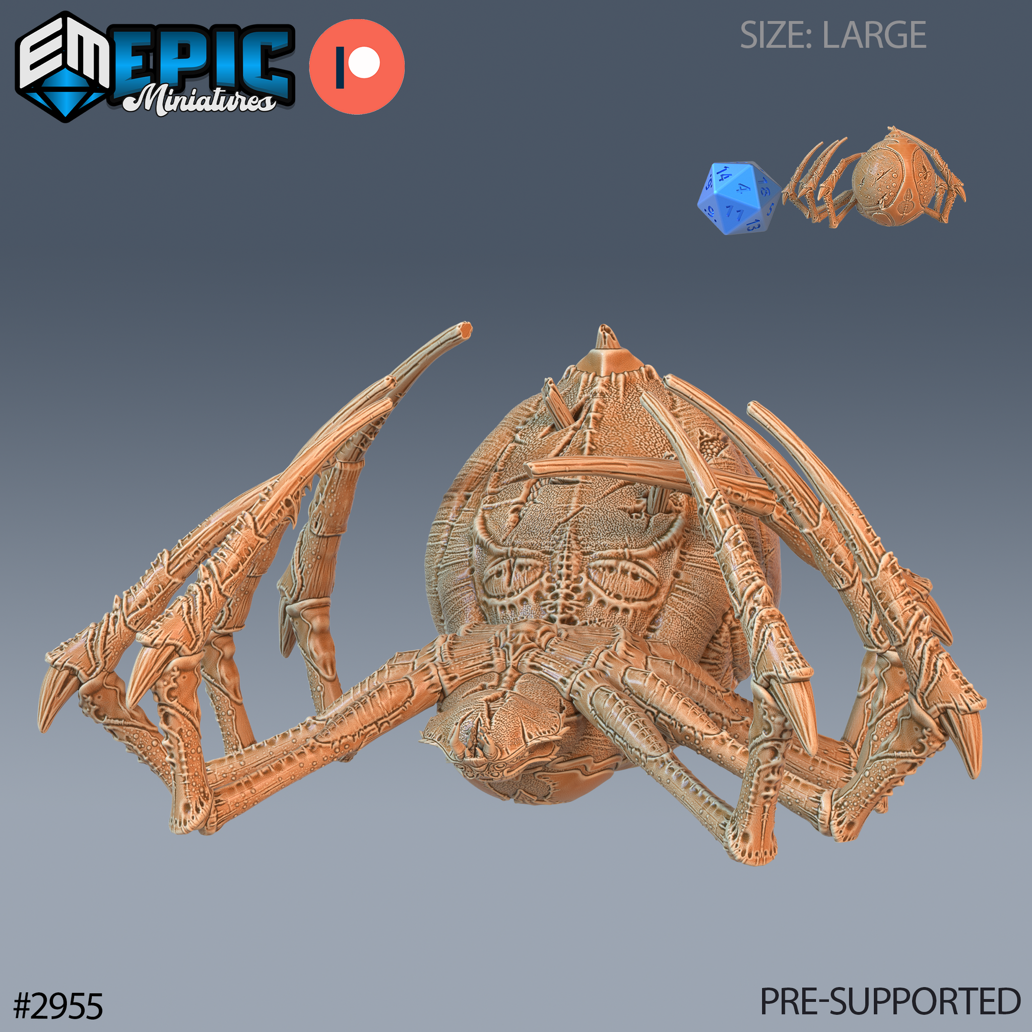 Digital render of a large unpainted resin Giant Dungeon Spider miniature in a dead pose, eight jointed legs splayed outward, detailed chitin carapace and segmented abdomen, shown with a d20 scale reference, from Epic Miniatures