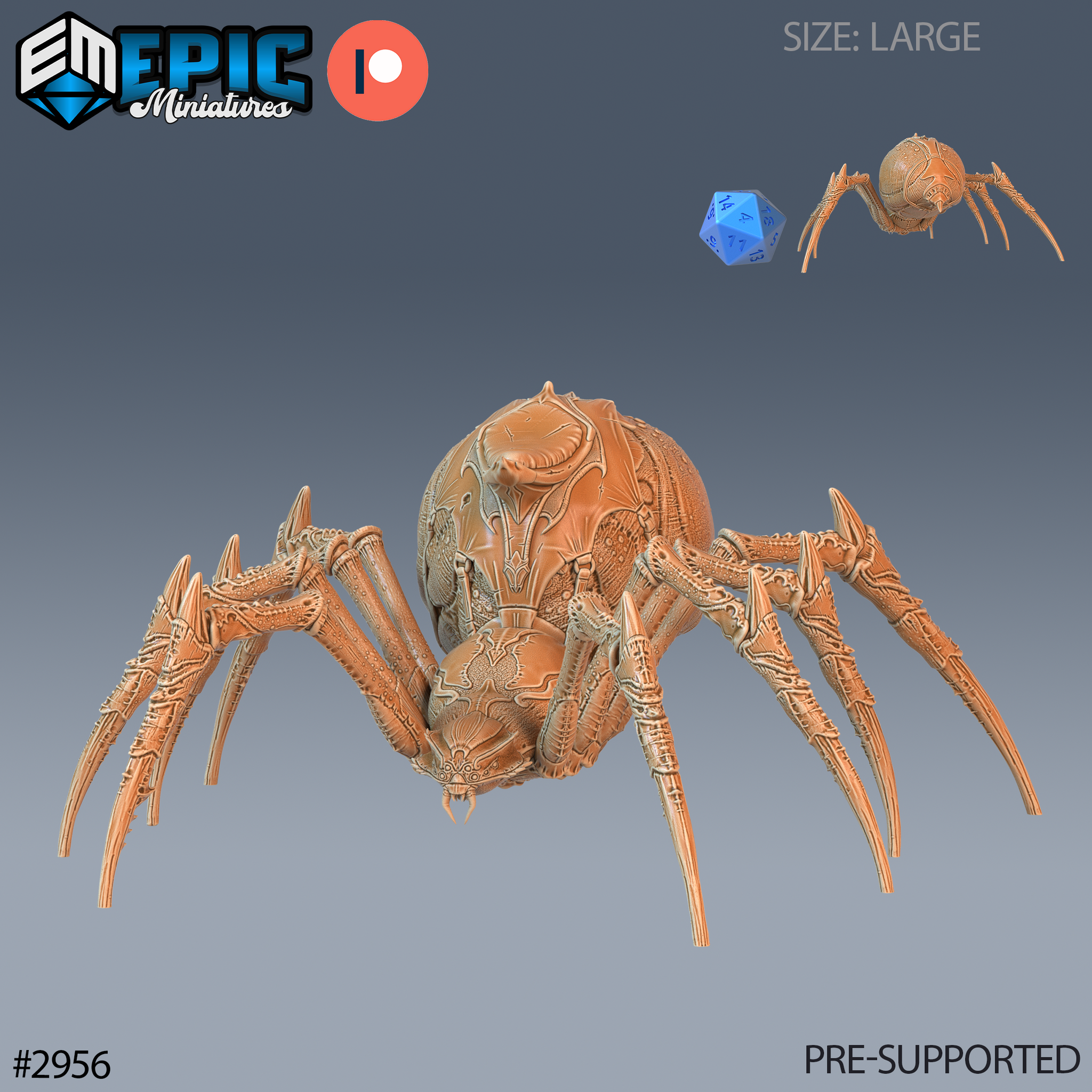 Digital render of an unpainted resin Giant Dungeon Spider miniature by Epic Miniatures — large-category sculpt shown from the front, displaying a swollen textured abdomen, articulated blade-tipped legs, and prominent chelicerae, with a size comparison inset showing the mini alongside a standard d20