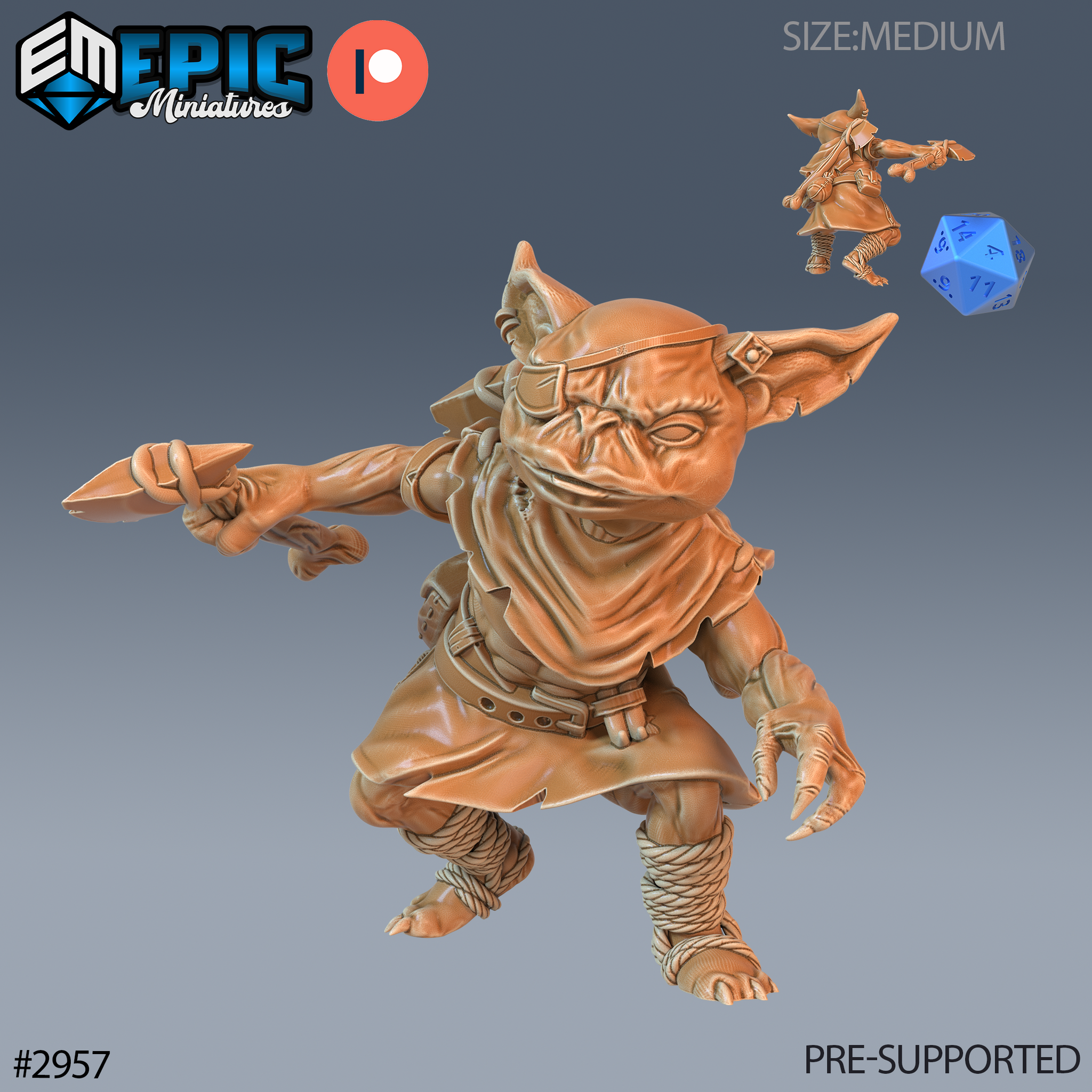 Digital render of an unpainted resin goblin warrior miniature in a low crouching stance, thrusting a short blade forward with one hand and bearing clawed feet wrapped in rope. He wears a leather headband, neck scarf, and studded belt. A size reference figure and blue d20 are visible in the upper right corner. Epic Miniatures product #2957.