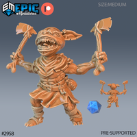 Digital render of an unpainted resin 32mm goblin miniature dual-wielding battered axes, mouth open in a battle roar, wearing a ragged leather tunic and cord-wrapped legs, shown alongside a scale reference d20 die and a smaller scale comparison miniature