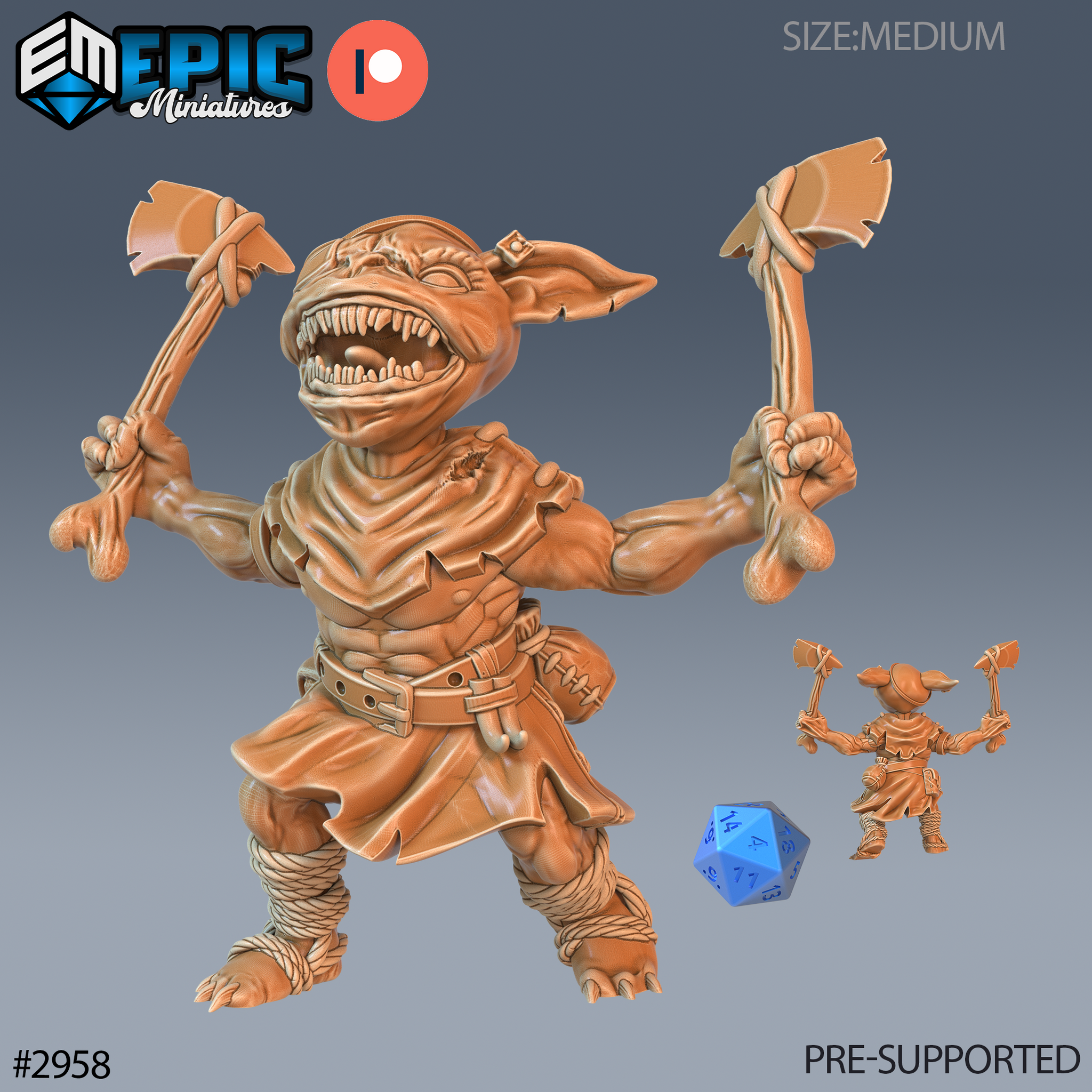 Digital render of an unpainted resin 32mm goblin miniature dual-wielding battered axes, mouth open in a battle roar, wearing a ragged leather tunic and cord-wrapped legs, shown alongside a scale reference d20 die and a smaller scale comparison miniature