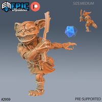 Digital render of an unpainted resin 32mm goblin warrior miniature in a running pose, one leg raised mid-sprint, holding a notched serrated blade overhead in one hand and reaching forward with a clawed hand. The goblin has a wide fang-filled grin, deep-set eyes, a leather coat belted at the waist, cloth-wrapped feet, and a small goggle pushed up on his brow. A blue d20 and a small rear-angle inset image are visible alongside the main sculpt. Rendered in orange-tan resin against a grey gradient background.