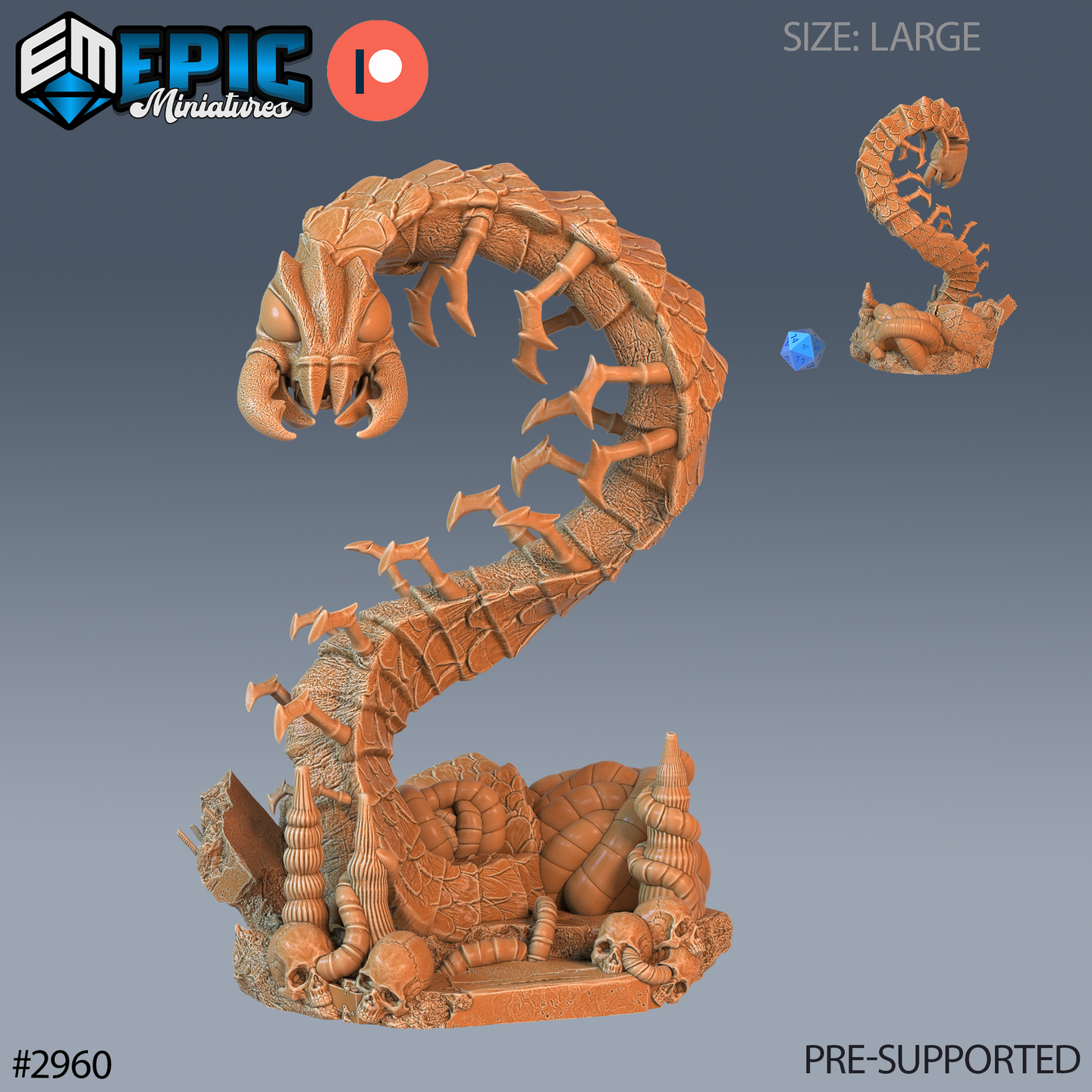 Large resin miniature of a cave centipede rearing up from a skull-strewn scenic base, showing the full segmented body, hooked legs, and fang-lined head — digital render in orange resin, unpainted, with a scale die reference shown beside a smaller variant of the same sculpt