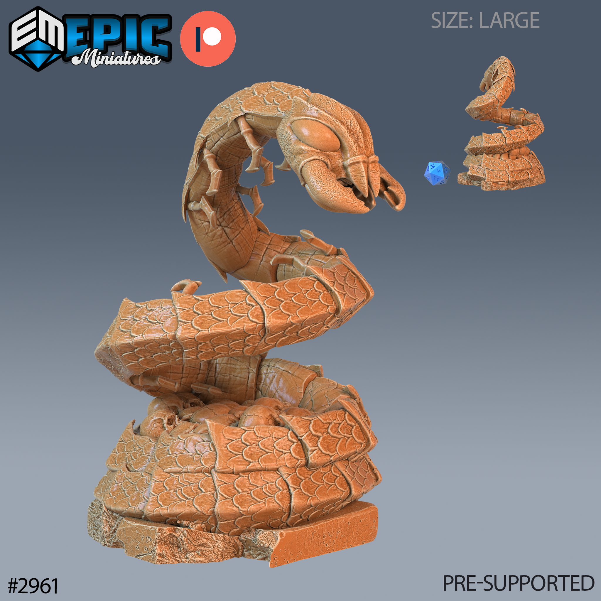 Digital render of the Cave Centipede Nest miniature by Epic Miniatures — a large segmented centipede rearing upright from coiled body on a stone base, mandibles open, single bulging eye prominent, unpainted orange resin render with scale reference d20 shown alongside