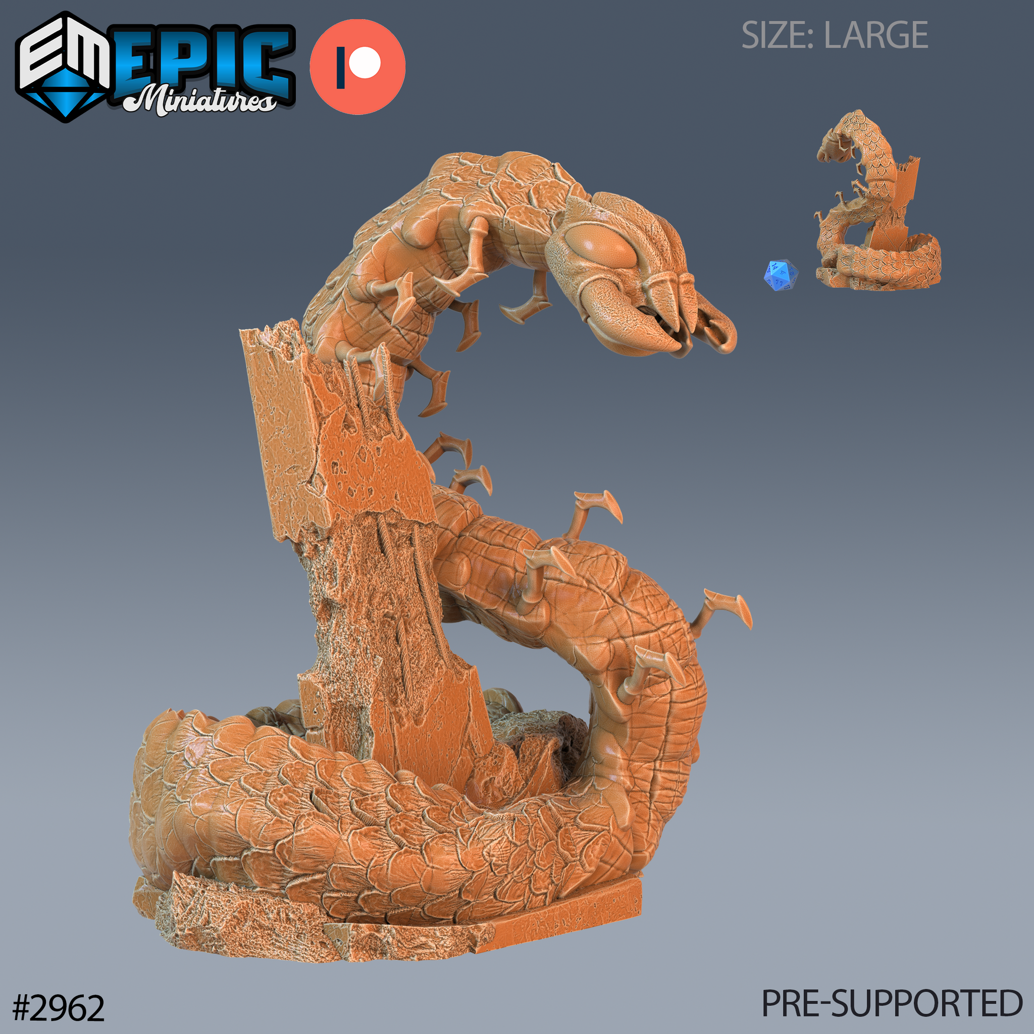 Digital render of a large Cave Centipede miniature in the Waiting pose — a massive segmented centipede coils around a crumbling stone pillar, rearing its mandible-bearing head forward in a striking position, bristling with hooked legs and chitinous spines, shown in unpainted orange resin with a scale die reference, size marked as Large