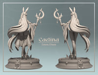Rear and three-quarter rear view of Caelina rabbitfolk druid miniature in grey resin, highlighting her cascading floor-length hair, the crescent polearm seen from behind, and the detailed engraved base