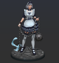 Digital render of Battle Maid Elinda miniature — a grey-haired woman in a navy and white frilled maid's uniform, wielding iron chains with a spiked flail ball in one hand and a conjured water splash on the other, standing on a cobblestone base