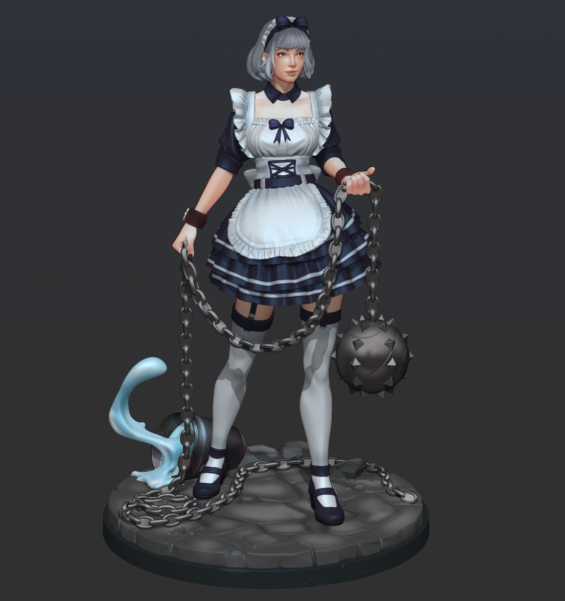 Digital render of Battle Maid Elinda miniature — a grey-haired woman in a navy and white frilled maid's uniform, wielding iron chains with a spiked flail ball in one hand and a conjured water splash on the other, standing on a cobblestone base