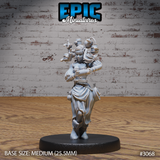 Female Gorgon Waitress miniature striding forward with braided locs adorned with serpents and potion flasks, wearing layered flowing robes and a cropped top with sash belt. Sculpt by Epic Miniatures.