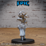 Gorgon Waitress miniature seen from behind, revealing the elaborate crown of braided locs, coiled serpents, and clustered vials and flasks rising from the head. Flowing robes and sash detail visible. Sculpt by Epic Miniatures.
