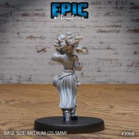 Gorgon Waitress miniature seen from behind, revealing the elaborate crown of braided locs, coiled serpents, and clustered vials and flasks rising from the head. Flowing robes and sash detail visible. Sculpt by Epic Miniatures.