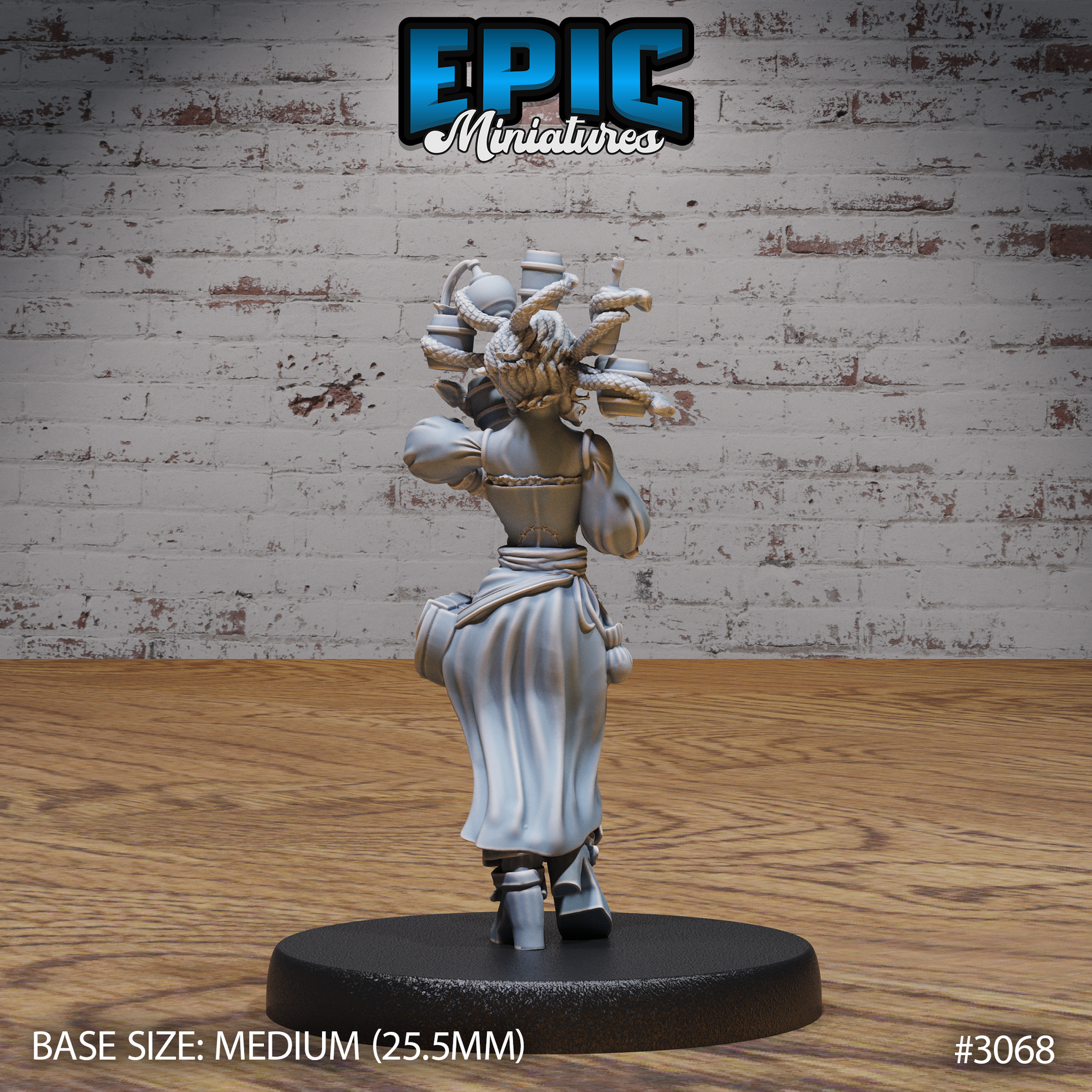 Gorgon Waitress miniature seen from behind, revealing the elaborate crown of braided locs, coiled serpents, and clustered vials and flasks rising from the head. Flowing robes and sash detail visible. Sculpt by Epic Miniatures.