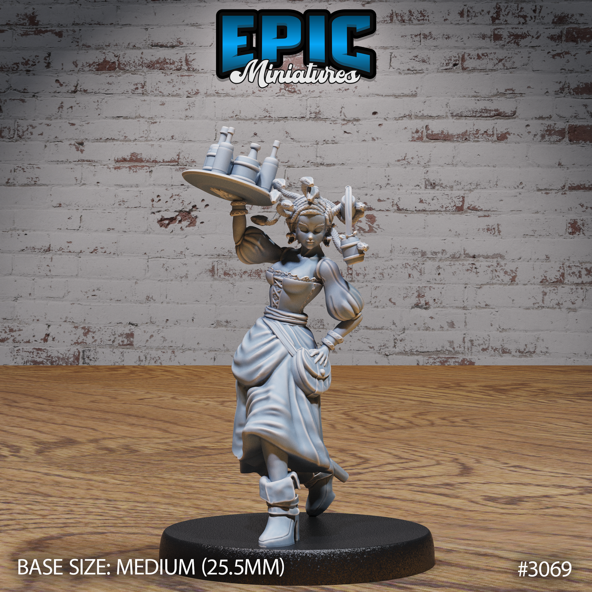 Female gorgon waitress mid-stride, one arm raised holding a laden tray of flagons and bottles overhead, other hand gripping a jug, wearing a corset, flowing skirts and boots, serpentine braided hair — sculpt by Epic Miniatures.
