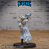 Female gorgon waitress seen from behind, braided serpentine hair visible, flowing skirt in motion, raised arm balancing a bottle-laden tray, pouches at the waist, striding forward — sculpt by Epic Miniatures.
