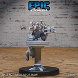 Gorgon waitress miniature facing forward, snake hair coiling with six distinct serpents, holding a loaded drinks tray aloft in one hand, wearing flowing robes, mounted on a decorative pedestal base. Sculpt by Epic Miniatures.