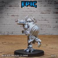 Gorgon waitress miniature seen from behind, braided snake hair cascading down, carrying a tray of bottles and a small barrel, loose robes and buckled boots visible, decorative pedestal base. Sculpt by Epic Miniatures.