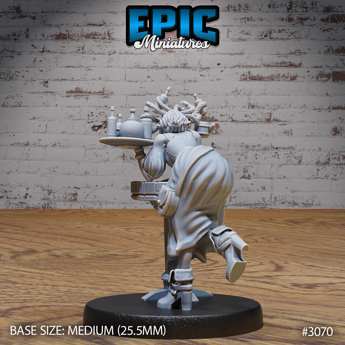Gorgon waitress miniature seen from behind, braided snake hair cascading down, carrying a tray of bottles and a small barrel, loose robes and buckled boots visible, decorative pedestal base. Sculpt by Epic Miniatures.