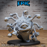 Beholder miniature with a wide-open toothed maw, large central eye, ten eye stalks, and spiky textured skin, seated in a segmented armoured basin base. Sculpt by Epic Miniatures.