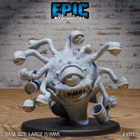Beholder miniature with a wide-open toothed maw, large central eye, ten eye stalks, and spiky textured skin, seated in a segmented armoured basin base. Sculpt by Epic Miniatures.