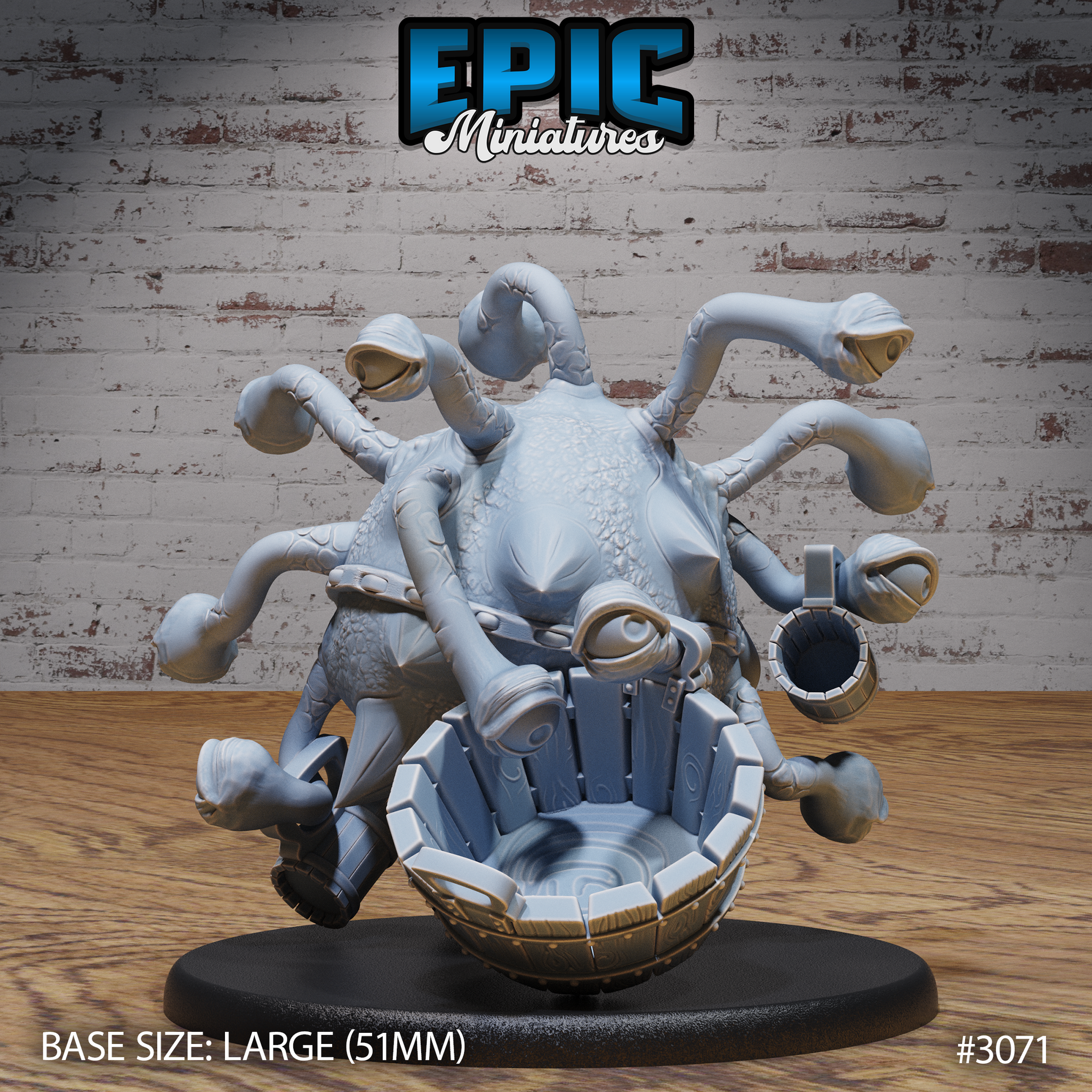 Beholder miniature viewed from behind, showing the rounded scaly body, ten eye stalks curling outward, and the detailed armoured cauldron-like base with a swirling interior. Sculpt by Epic Miniatures.