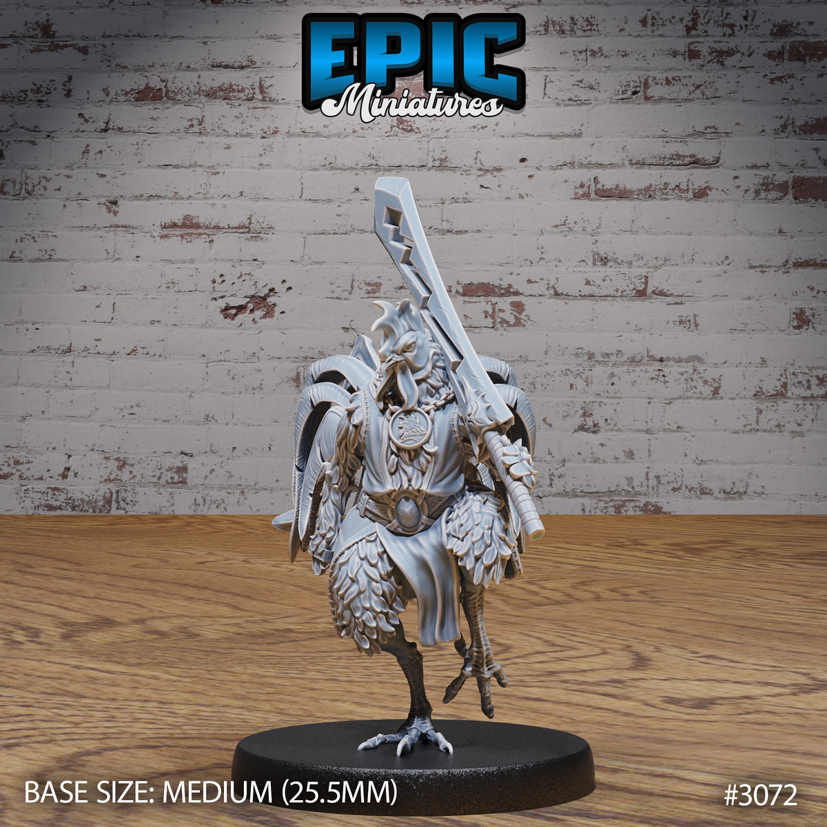 Armoured rooster warrior standing upright, a broad angular great sword resting back across one shoulder, wearing a medallion breastplate and scaled limb armour, feathered body with layered plumage. Sculpt by Epic Miniatures.