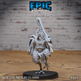 Armoured rooster warrior standing upright, a broad angular great sword resting back across one shoulder, wearing a medallion breastplate and scaled limb armour, feathered body with layered plumage. Sculpt by Epic Miniatures.